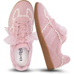 Casual Pink Sneakers Women with Lace Detail Ribbon Leather Upper Memory Foam